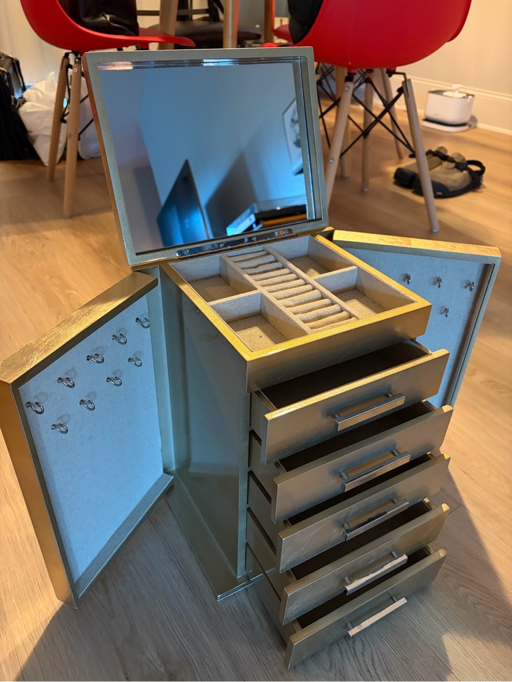 Williams Sonoma Gold and Light Gray Mirrored Jewelry Armoire